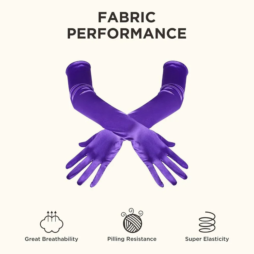 Women's Purple Vintage Satin Long Gloves Party Costume Stretchy Elbow Length